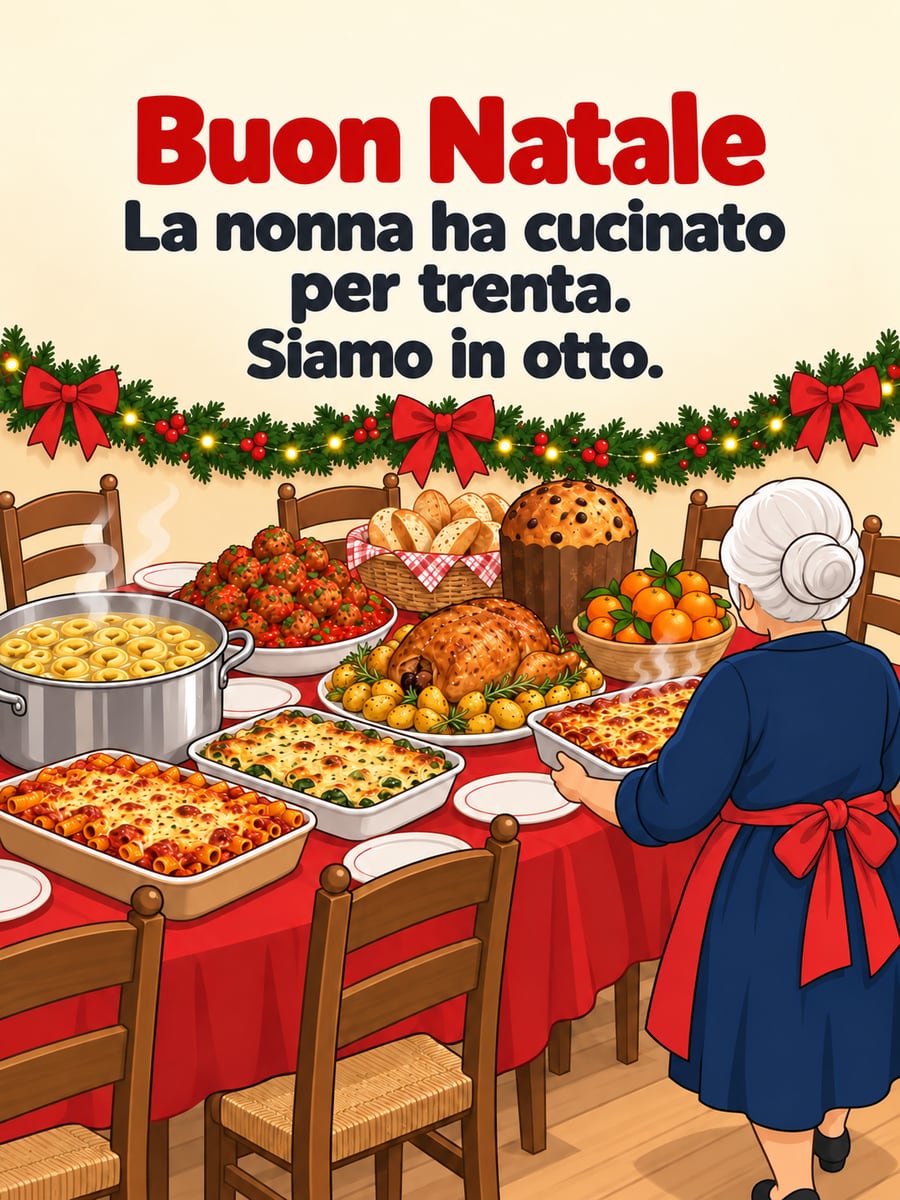 Immagine di Natale con la scritta «Buon Natale» e «La nonna ha cucinato per trenta. Siamo in otto.» – nonna, pranzo di Natale, lasagne, panettone