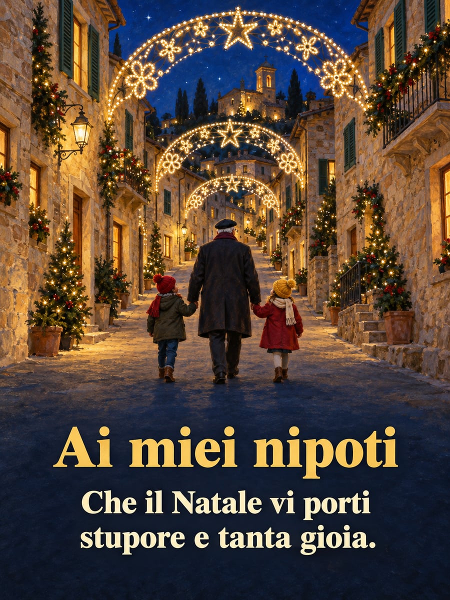 Immagine di Natale con la scritta «Ai miei nipoti» e «Che il Natale vi porti stupore e tanta gioia.» – nonno e nipotini, luminarie, vicolo del borgo