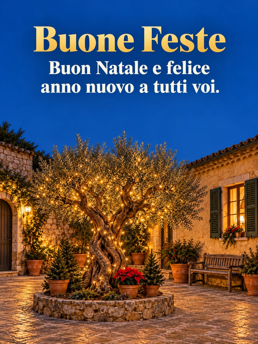 Immagine di Natale con la scritta «Buone Feste» e «Buon Natale e felice anno nuovo a tutti voi.» – ulivo con le lucine, cortile di pietra, stella di Natale