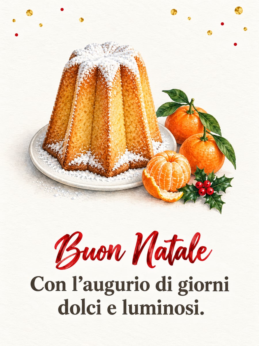 Immagine di Natale con la scritta «Buon Natale» e «Con l’augurio di giorni dolci e luminosi.» – pandoro, zucchero a velo, mandarini, agrifoglio