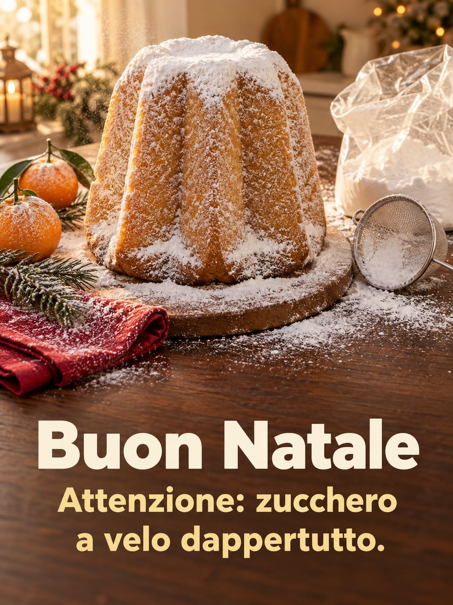 Immagine di Natale con la scritta «Buon Natale» e «Attenzione: zucchero a velo dappertutto.» – pandoro, zucchero a velo, setaccio, mandarini