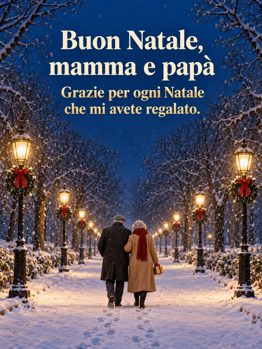 Immagine di Natale con la scritta «Buon Natale, mamma e papà» e «Grazie per ogni Natale che mi avete regalato.» – mamma e papà a passeggio, viale innevato, lampioni