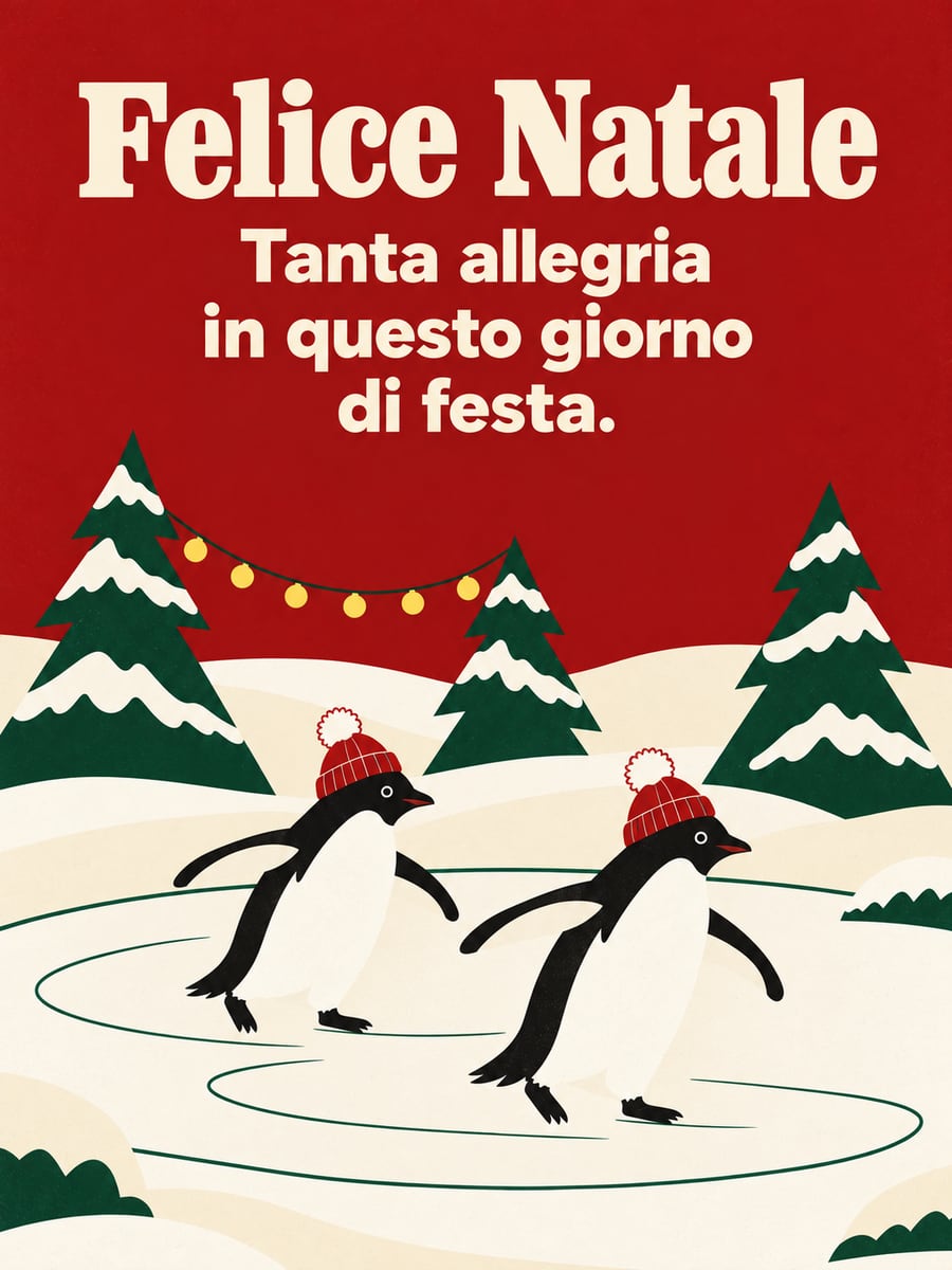 Immagine di Natale con la scritta «Felice Natale» e «Tanta allegria in questo giorno di festa.» – pinguini sul ghiaccio, abeti, lucine