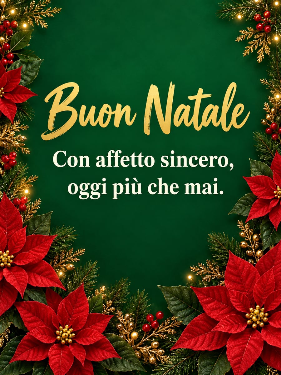Immagine di Natale con la scritta «Buon Natale» e «Con affetto sincero, oggi più che mai.» – stelle di Natale, rami di abete
