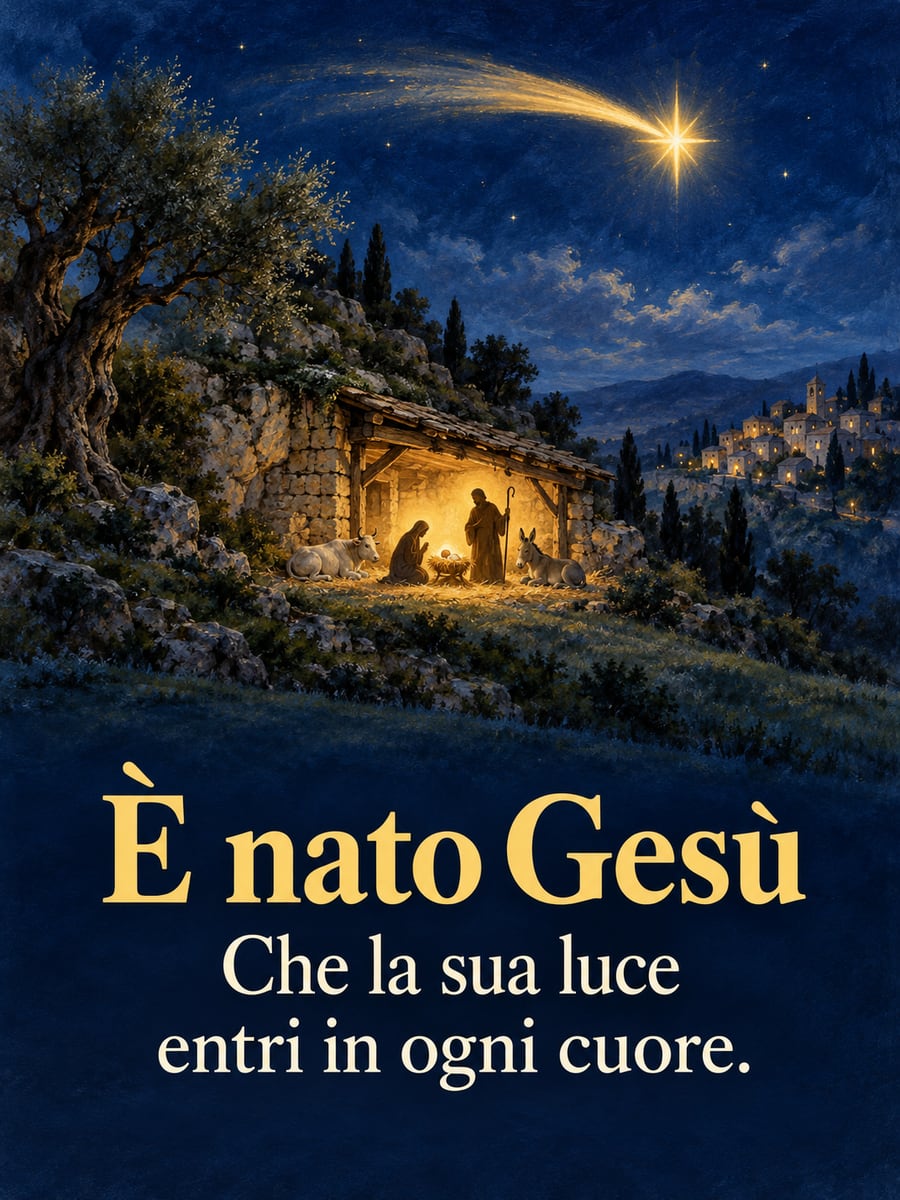 Immagine di Natale con la scritta «È nato Gesù» e «Che la sua luce entri in ogni cuore.» – grotta del presepe, stella cometa, ulivi, borgo sulla collina