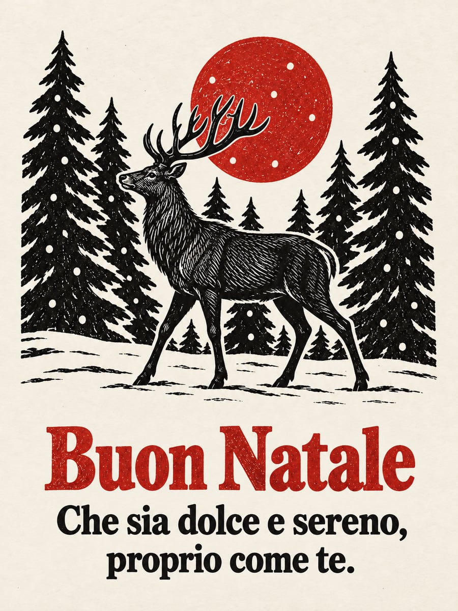 Immagine di Natale con la scritta «Buon Natale» e «Che sia dolce e sereno, proprio come te.» – cervo, abeti, neve