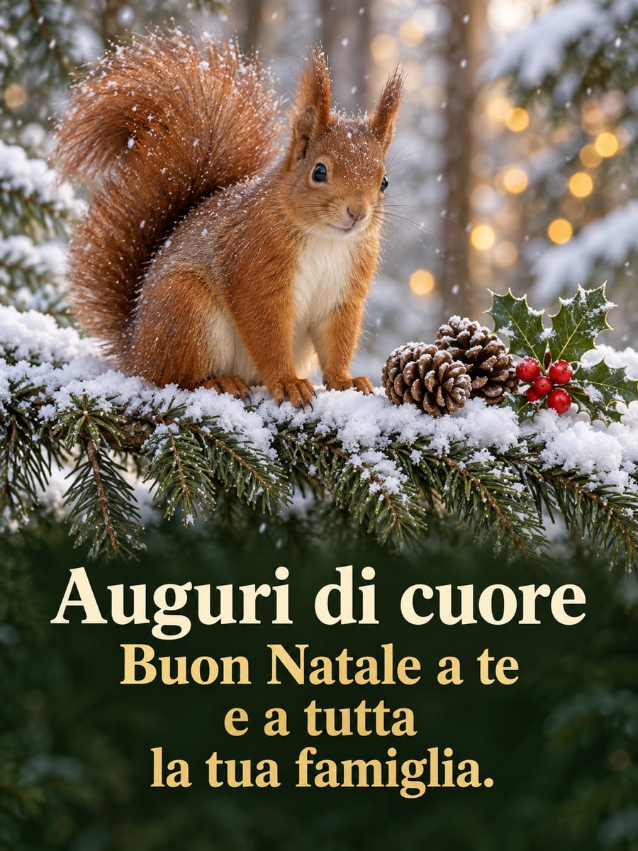 Immagine di Natale con la scritta «Auguri di cuore» e «Buon Natale a te e a tutta la tua famiglia.» – scoiattolo rosso, abete innevato, pigne, agrifoglio