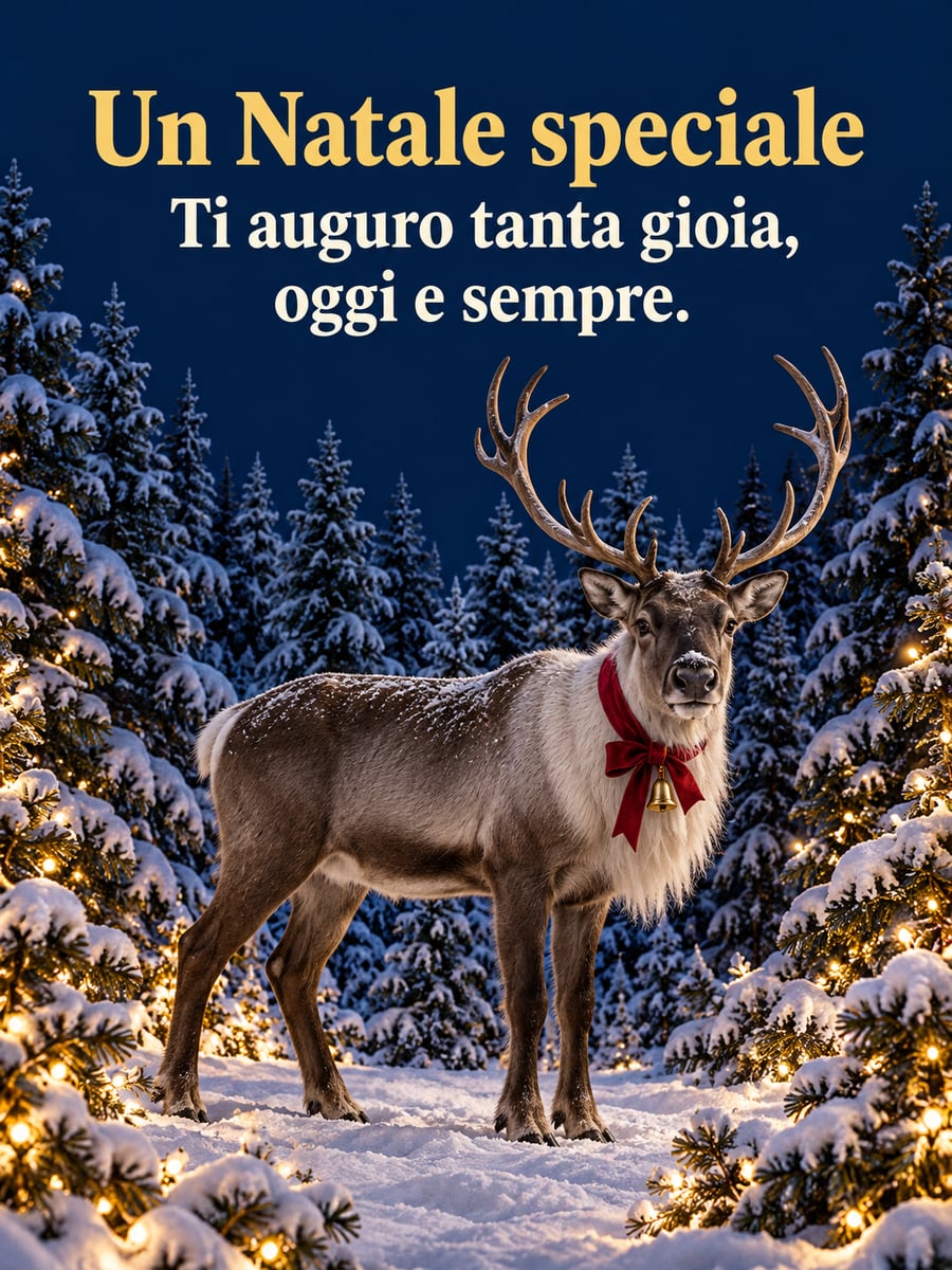 Immagine di Natale con la scritta «Un Natale speciale» e «Ti auguro tanta gioia, oggi e sempre.» – renna con fiocco rosso, bosco innevato, lucine