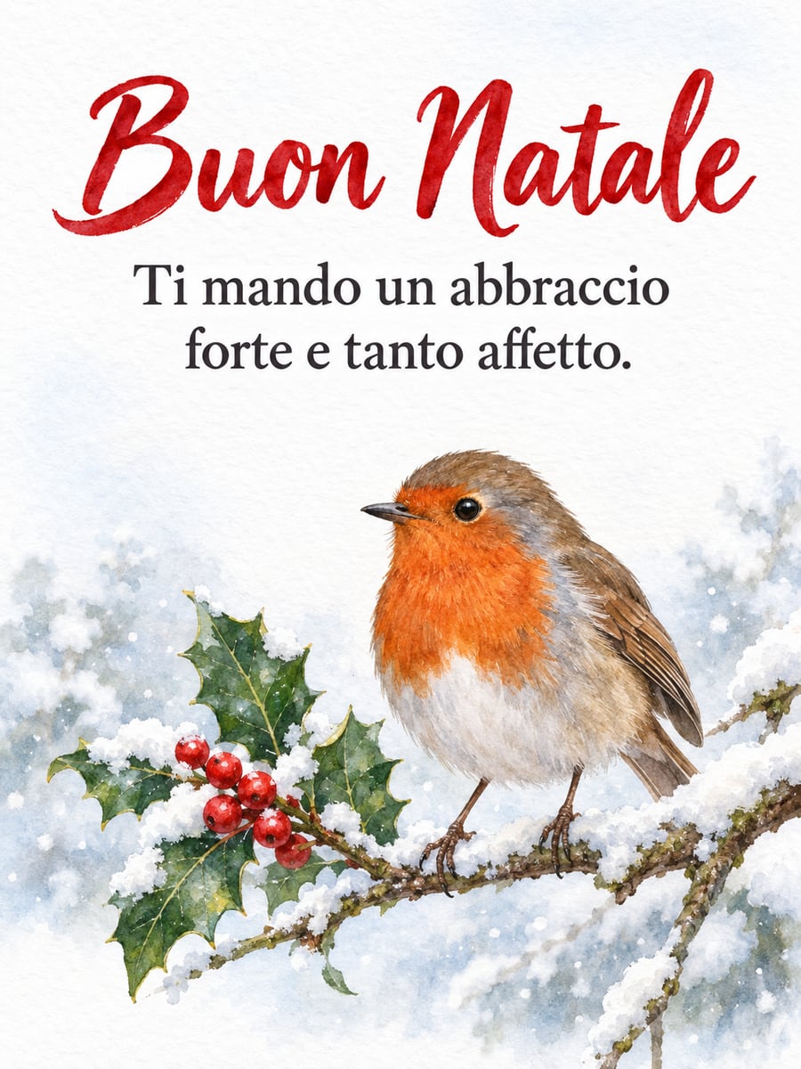Immagine di Natale con la scritta «Buon Natale» e «Ti mando un abbraccio forte e tanto affetto.» – pettirosso, agrifoglio, ramo innevato