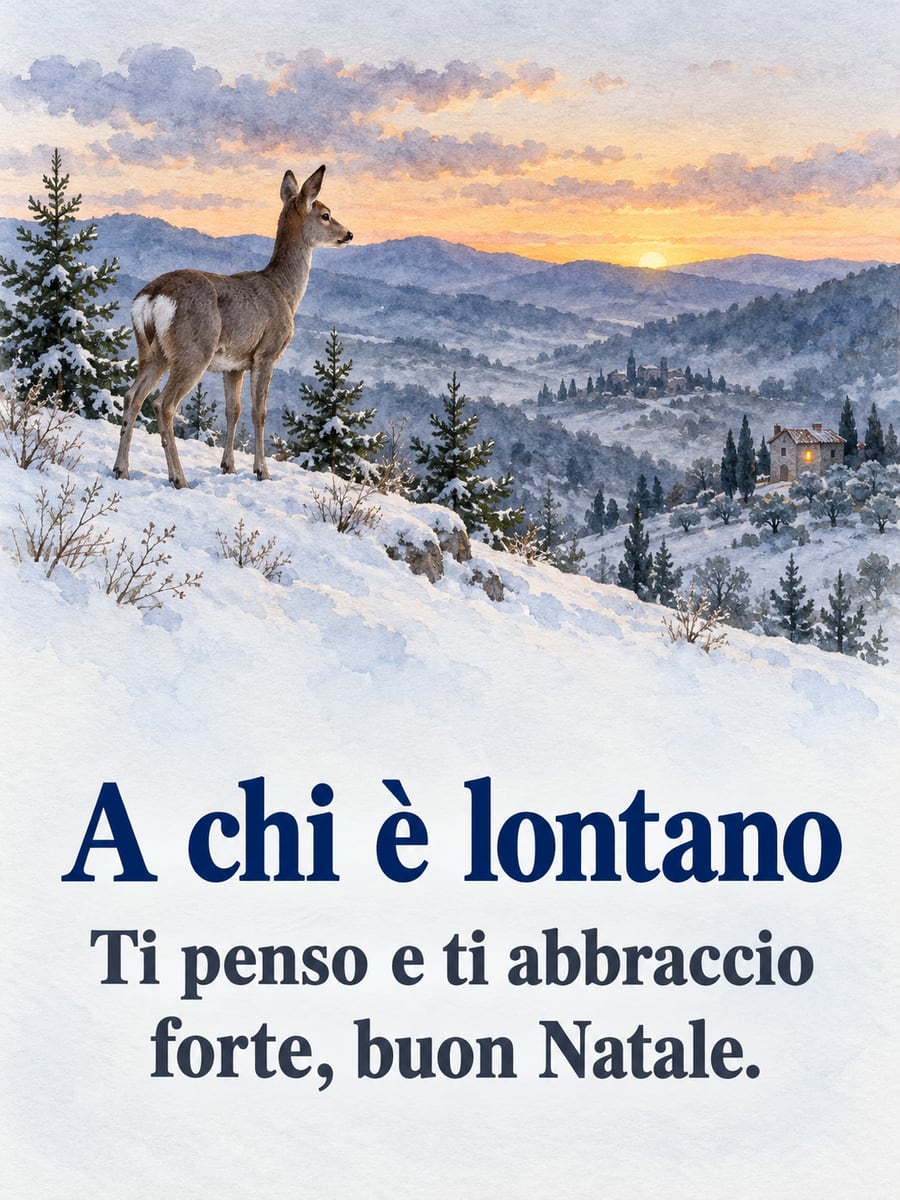 Immagine di Natale con la scritta «A chi è lontano» e «Ti penso e ti abbraccio forte, buon Natale.» – capriolo, colline innevate, abeti