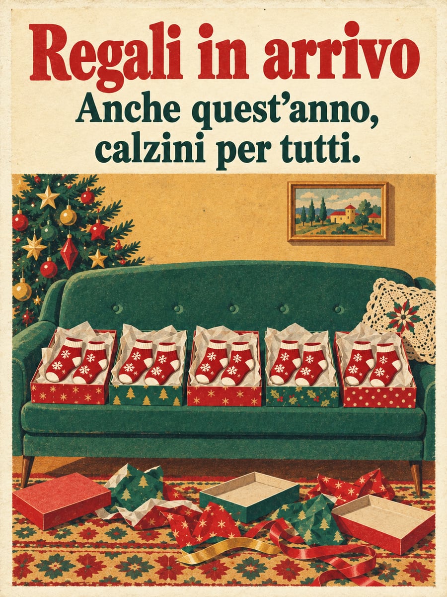 Immagine di Natale con la scritta «Regali in arrivo» e «Anche quest’anno, calzini per tutti.» – calzini, regali aperti, divano