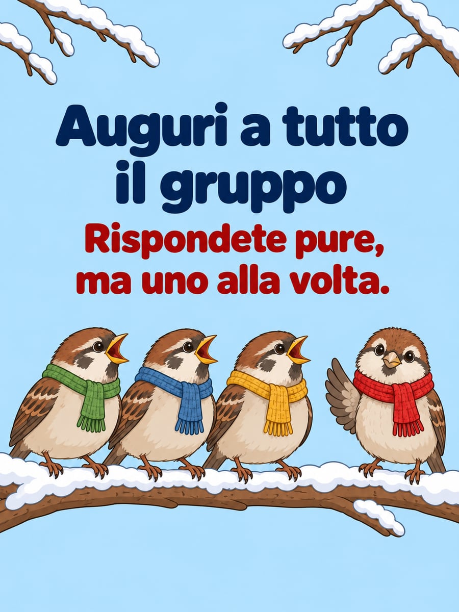 Immagine di Natale con la scritta «Auguri a tutto il gruppo» e «Rispondete pure, ma uno alla volta.» – passerotti con le sciarpe, ramo innevato