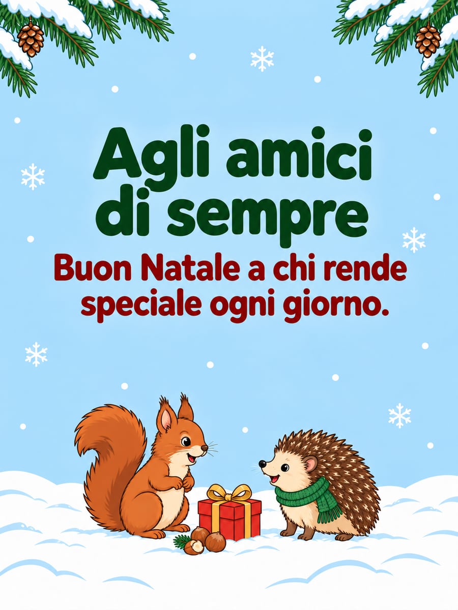 Immagine di Natale con la scritta «Agli amici di sempre» e «Buon Natale a chi rende speciale ogni giorno.» – scoiattolo, riccio, regalo, neve