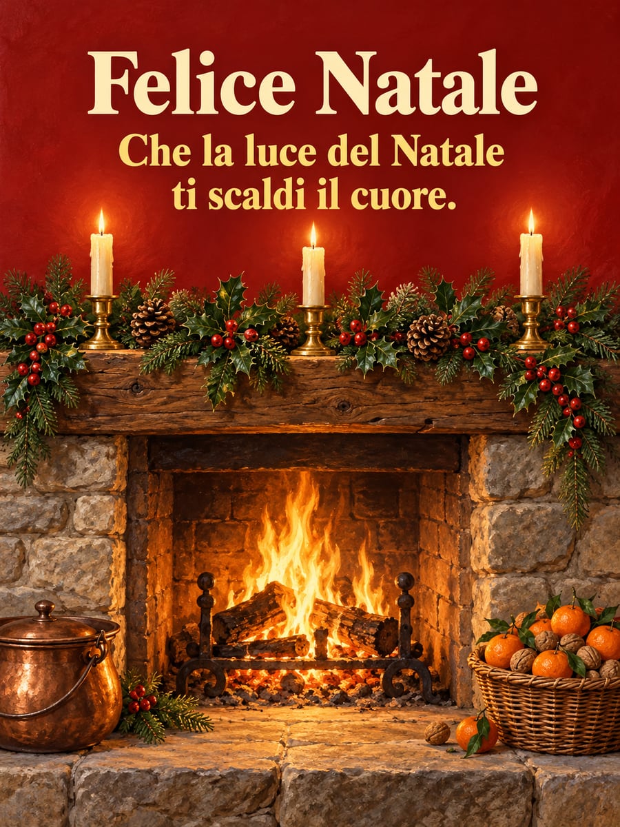 Immagine di Natale con la scritta «Felice Natale» e «Che la luce del Natale ti scaldi il cuore.» – camino acceso, candele, ghirlanda, mandarini