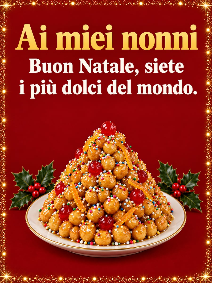 Immagine di Natale con la scritta «Ai miei nonni» e «Buon Natale, siete i più dolci del mondo.» – struffoli, agrifoglio