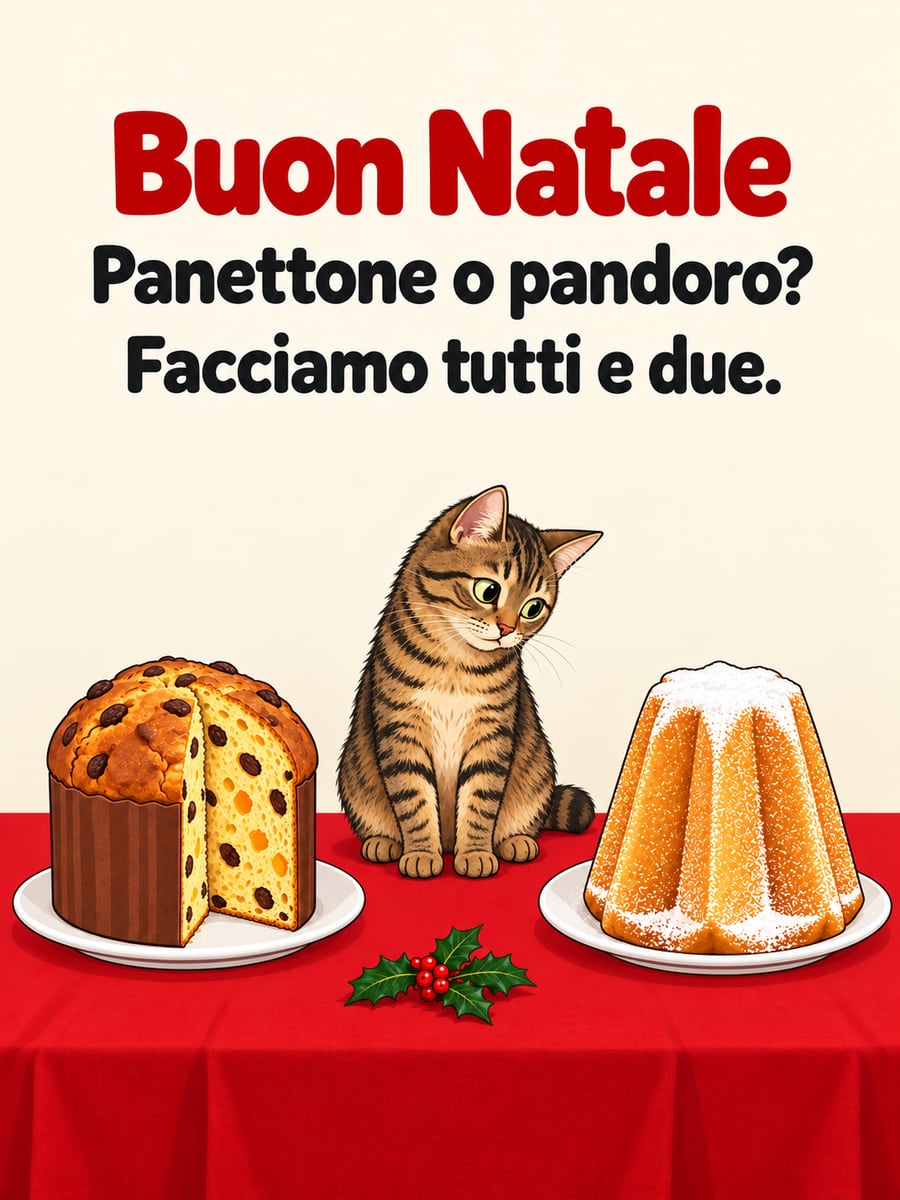 Immagine di Natale con la scritta «Buon Natale» e «Panettone o pandoro? Facciamo tutti e due.» – gatto tigrato, panettone, pandoro