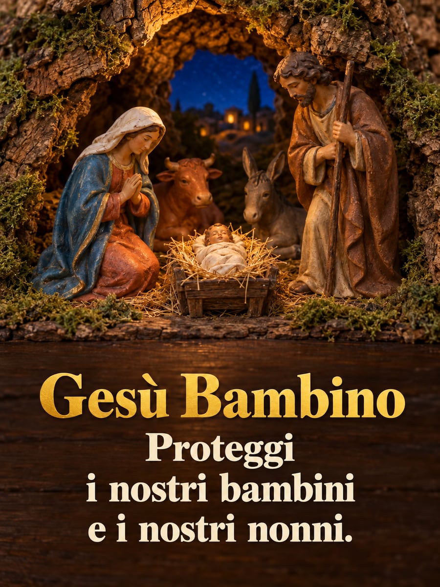 Immagine di Natale con la scritta «Gesù Bambino» e «Proteggi i nostri bambini e i nostri nonni.» – presepe di terracotta, Gesù Bambino, Maria e Giuseppe, bue e asinello