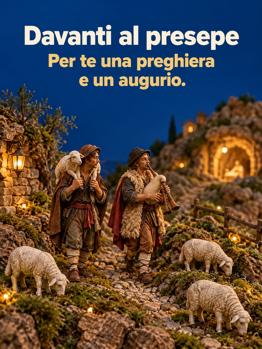 Immagine di Natale con la scritta «Davanti al presepe» e «Per te una preghiera e un augurio.» – presepe di terracotta, zampognaro, pastore, pecore