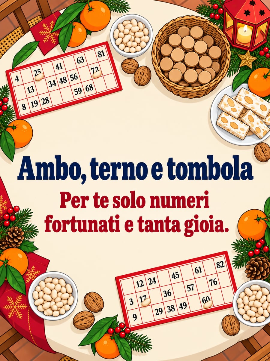 Immagine di Natale con la scritta «Ambo, terno e tombola» e «Per te solo numeri fortunati e tanta gioia.» – cartelle della tombola, fagioli, torrone, mandarini