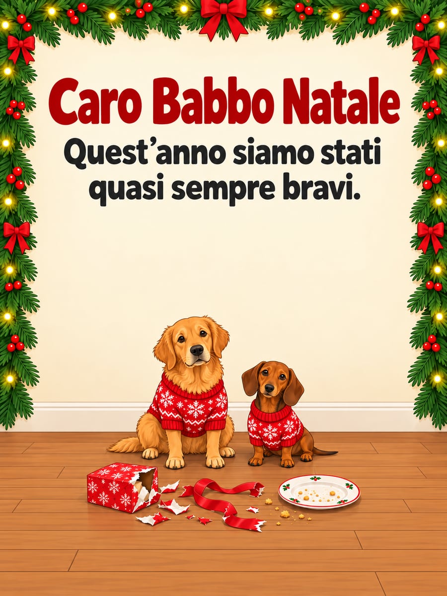 Immagine di Natale con la scritta «Caro Babbo Natale» e «Quest’anno siamo stati quasi sempre bravi.» – golden retriever, bassotto, maglioni natalizi, regalo strappato