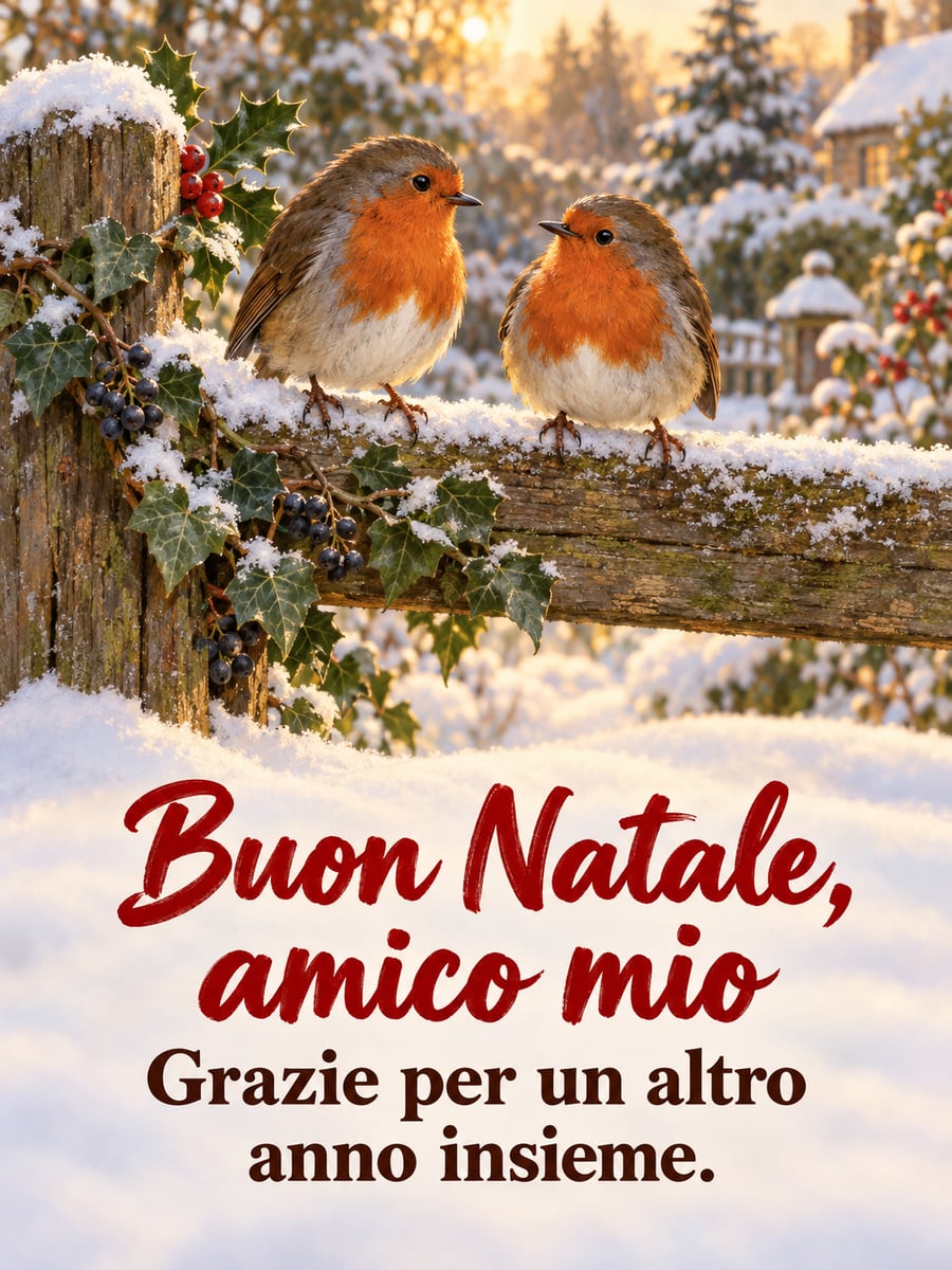 Immagine di Natale con la scritta «Buon Natale, amico mio» e «Grazie per un altro anno insieme.» – due pettirossi, staccionata, neve, agrifoglio