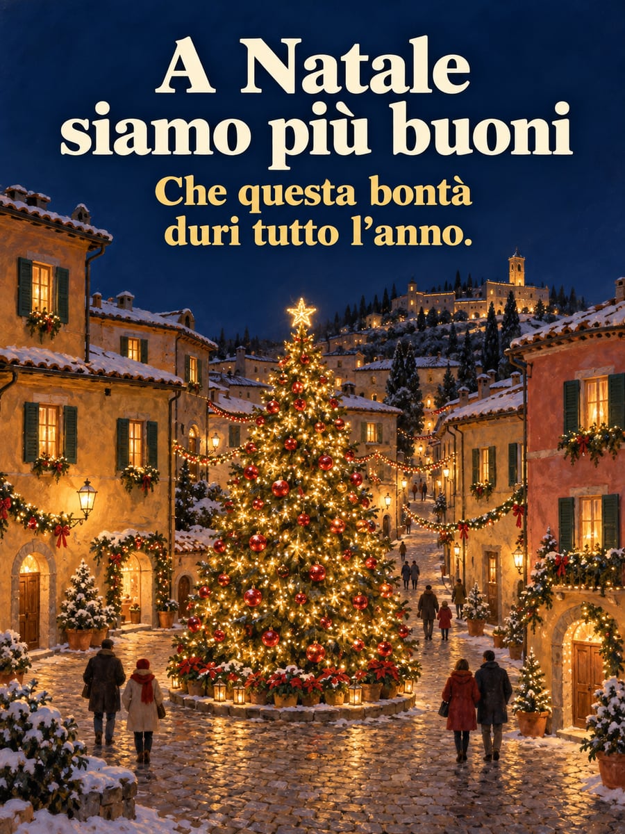 Immagine di Natale con la scritta «A Natale siamo più buoni» e «Che questa bontà duri tutto l’anno.» – albero di Natale, piazza del borgo, lucine, neve