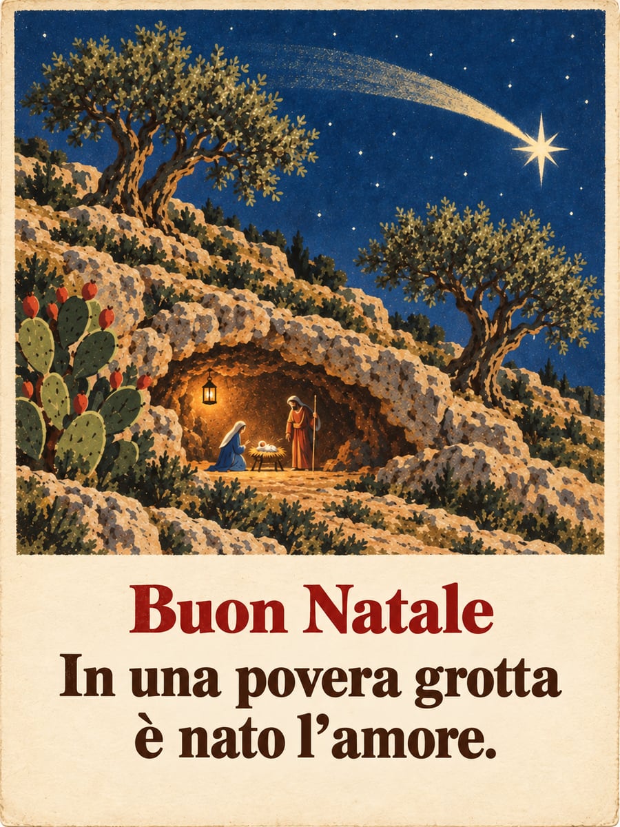 Immagine di Natale con la scritta «Buon Natale» e «In una povera grotta è nato l’amore.» – grotta del presepe, stella cometa, ulivi, fichi d’India
