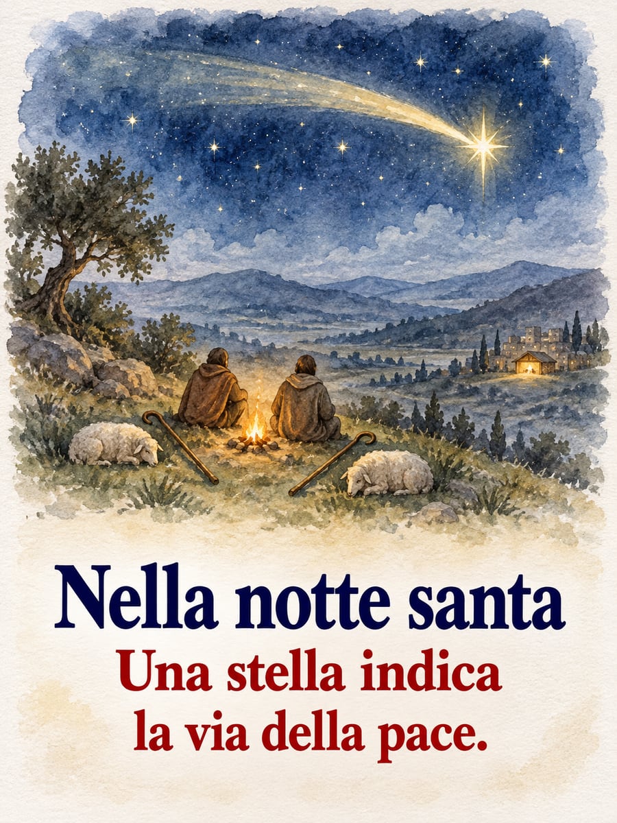 Immagine di Natale con la scritta «Nella notte santa» e «Una stella indica la via della pace.» – pastori, fuoco, pecore, stella cometa