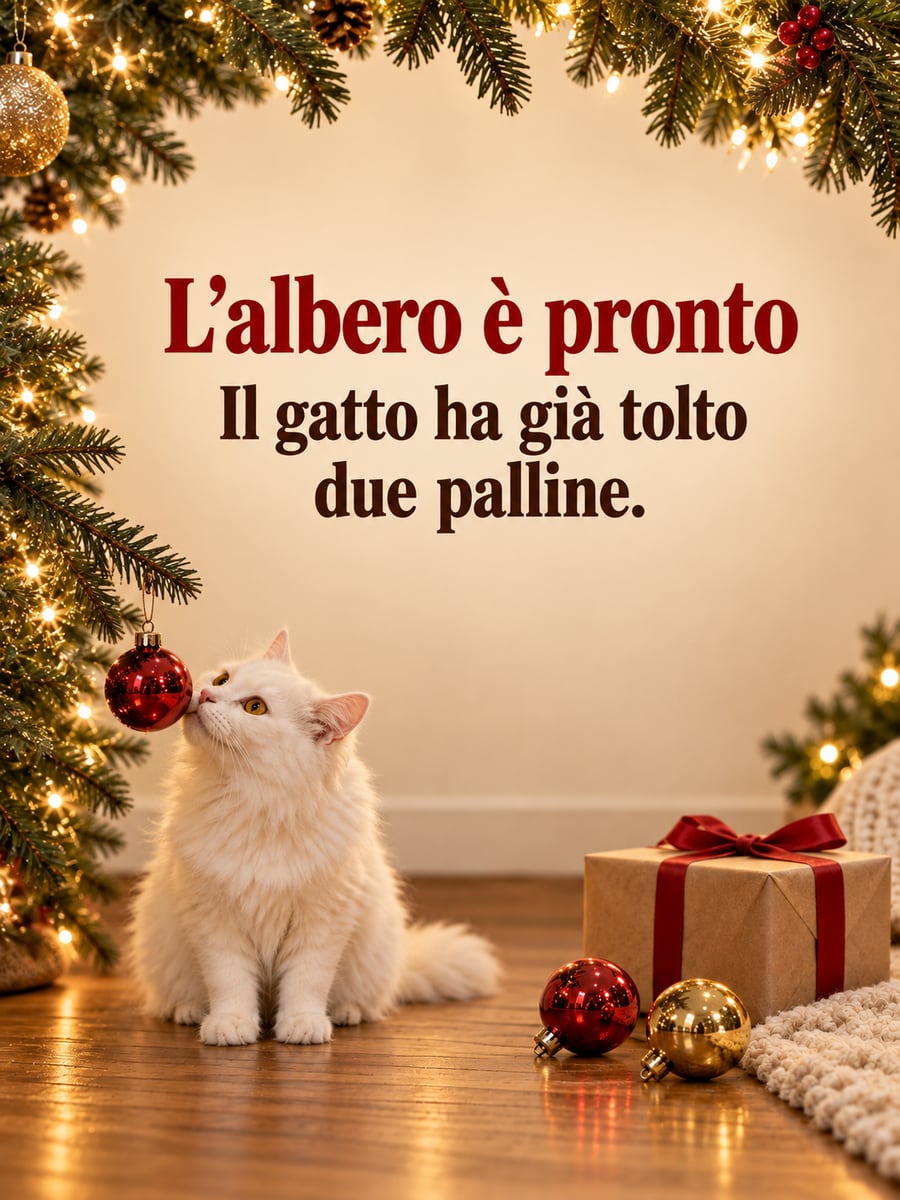 Immagine di Natale con la scritta «L’albero è pronto» e «Il gatto ha già tolto due palline.» – gatto bianco, palline, albero di Natale, regalo