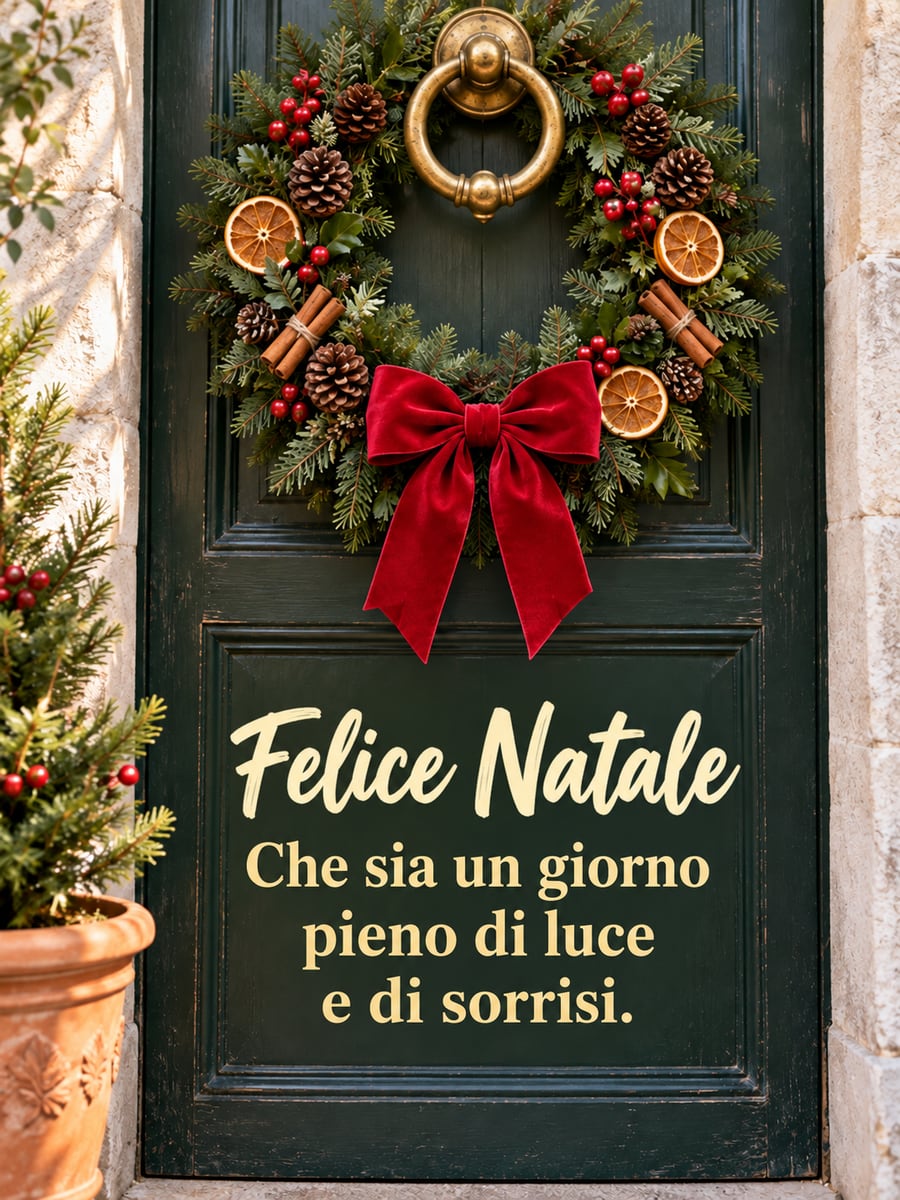 Immagine di Natale con la scritta «Felice Natale» e «Che sia un giorno pieno di luce e di sorrisi.» – ghirlanda, porta d’ingresso, fiocco rosso