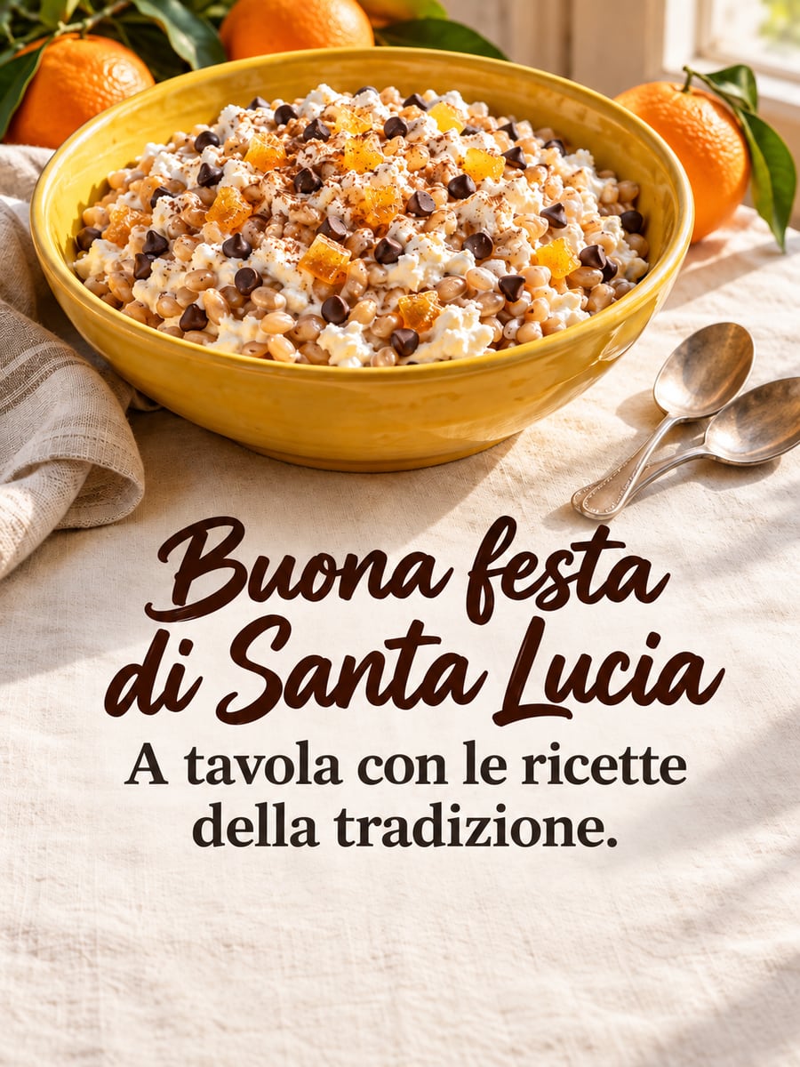 Immagine di Santa Lucia con la scritta «Buona festa di Santa Lucia» e «A tavola con le ricette della tradizione.» – cuccìa con ricotta, cioccolato e scorza d’arancia candita, arance, cucchiai