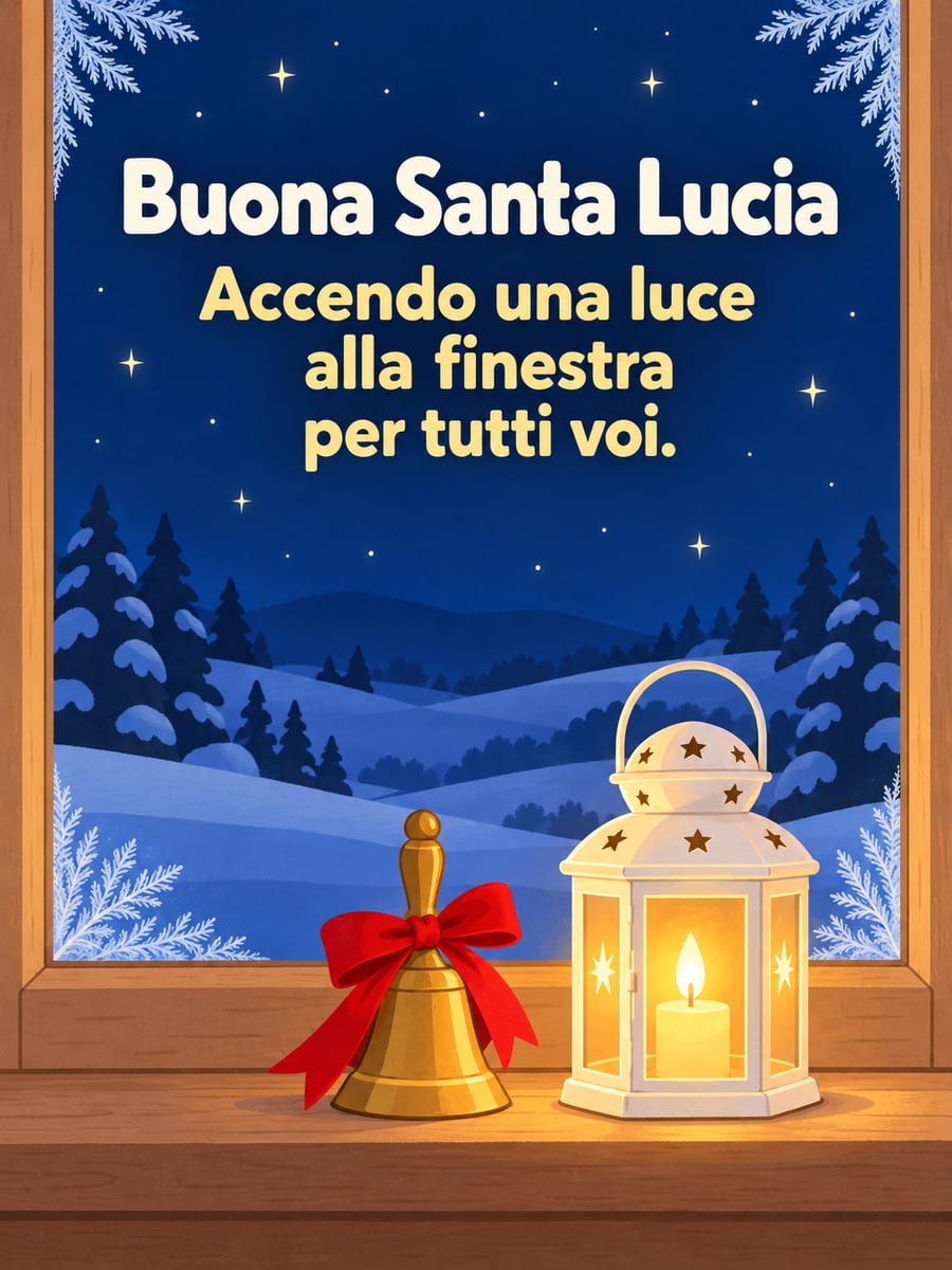Immagine di Santa Lucia con la scritta «Buona Santa Lucia» e «Accendo una luce alla finestra per tutti voi.» – campanella con il fiocco rosso, lanterna con la candela accesa, finestra sulla notte di neve