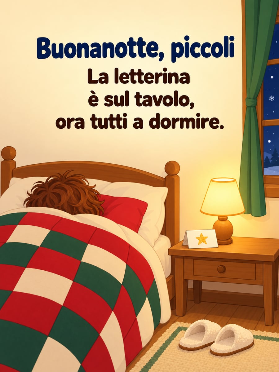 Immagine di Santa Lucia con la scritta «Buonanotte, piccoli» e «La letterina è sul tavolo, ora tutti a dormire.» – bambino che dorme sotto una trapunta a quadri, letterina con la stella sul tavolino, lampada accesa, pantofole