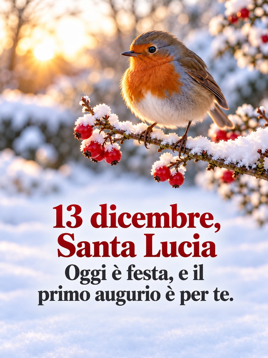 Immagine di Santa Lucia con la scritta «13 dicembre, Santa Lucia» e «Oggi è festa, e il primo augurio è per te.» – pettirosso, rametto con bacche rosse e neve, sole d’inverno