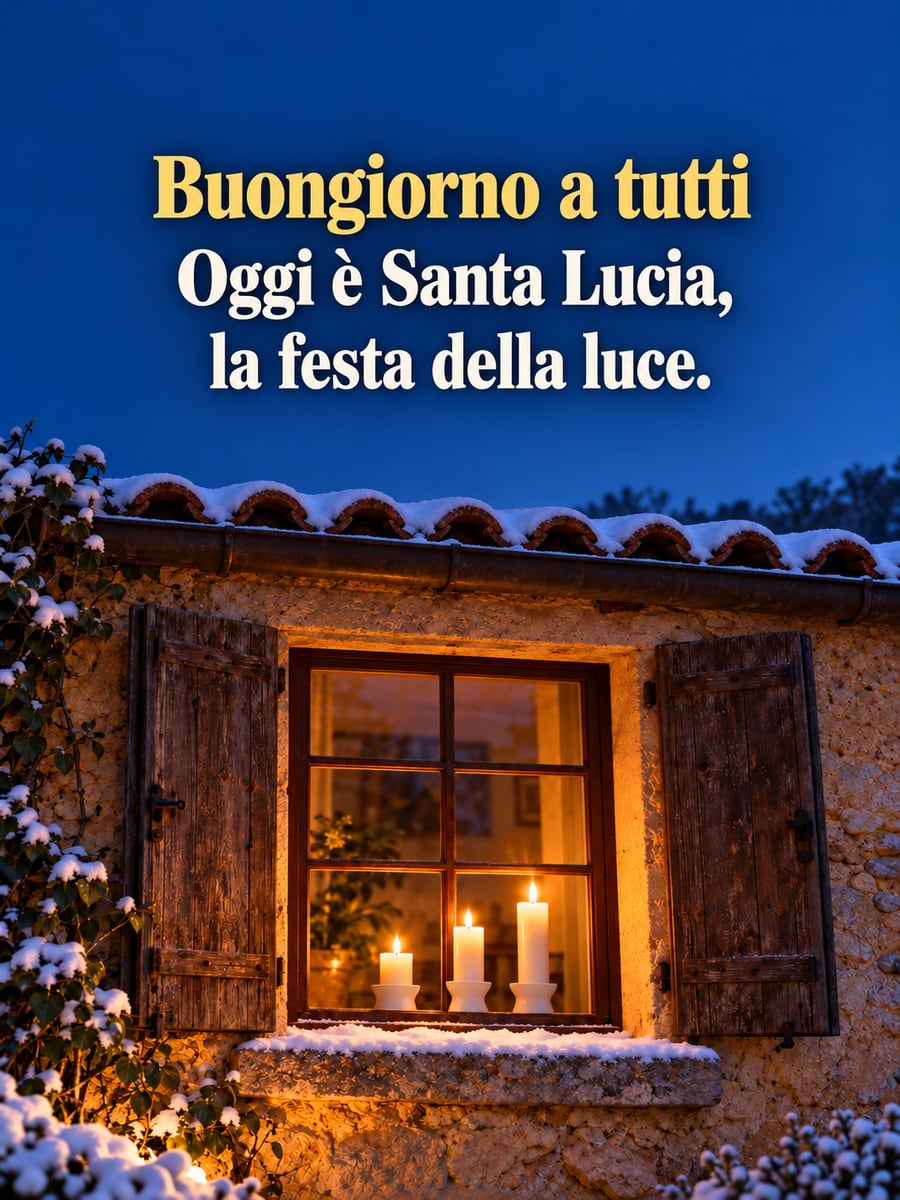 Immagine di Santa Lucia con la scritta «Buongiorno a tutti» e «Oggi è Santa Lucia, la festa della luce.» – finestra di una casa di pietra, tre candele accese, neve prima dell’alba