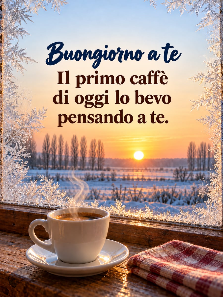 Immagine di Santa Lucia con la scritta «Buongiorno a te» e «Il primo caffè di oggi lo bevo pensando a te.» – tazza di caffè sul davanzale, vetro ghiacciato, alba sui campi innevati