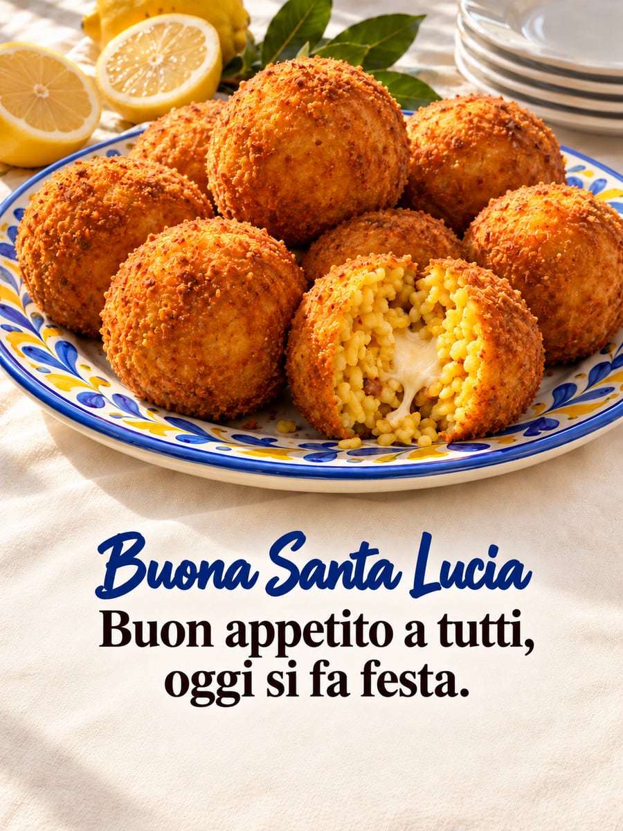 Immagine di Santa Lucia con la scritta «Buona Santa Lucia» e «Buon appetito a tutti, oggi si fa festa.» – arancine, piatto di maiolica, limoni