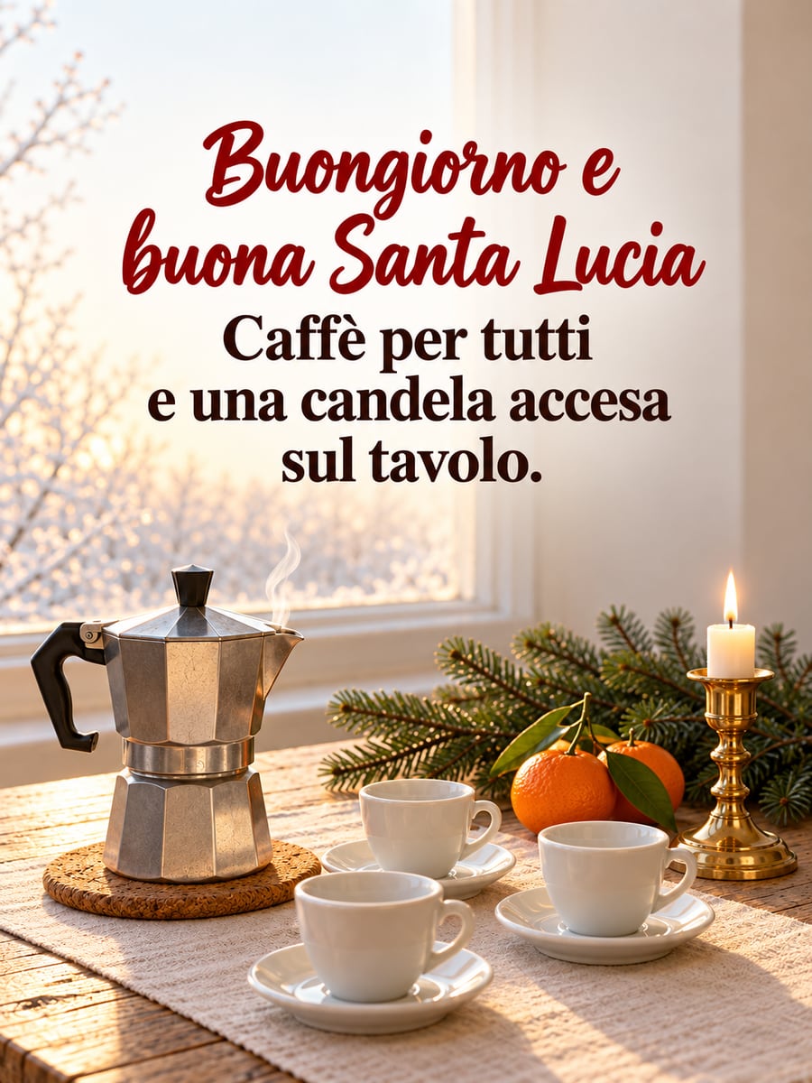 Immagine di Santa Lucia con la scritta «Buongiorno e buona Santa Lucia» e «Caffè per tutti e una candela accesa sul tavolo.» – moka, tazzine di caffè, candela accesa in un candeliere d’ottone, mandarini e rami di pino