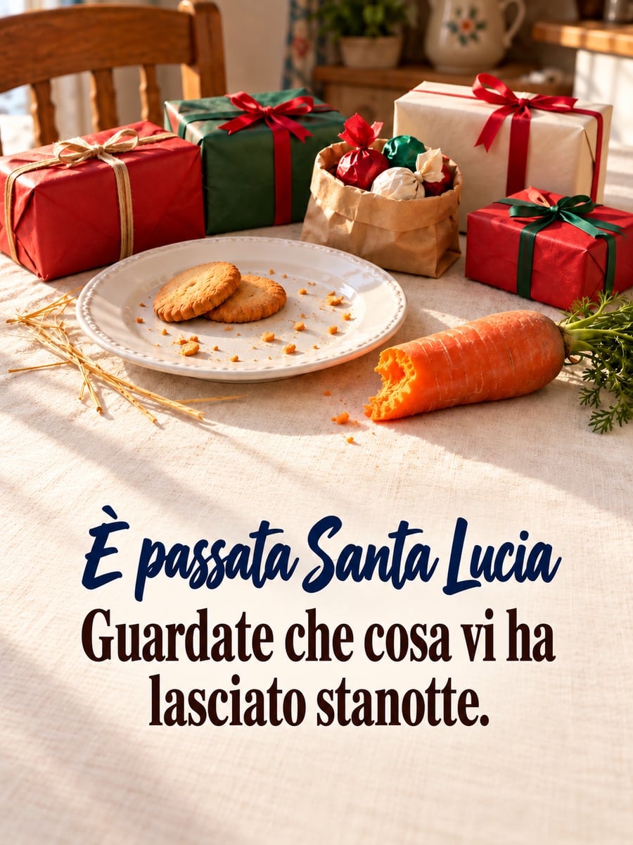 Immagine di Santa Lucia con la scritta «È passata Santa Lucia» e «Guardate che cosa vi ha lasciato stanotte.» – piatto con biscotti e briciole, carota morsicata, pacchetti regalo sul tavolo, paglia