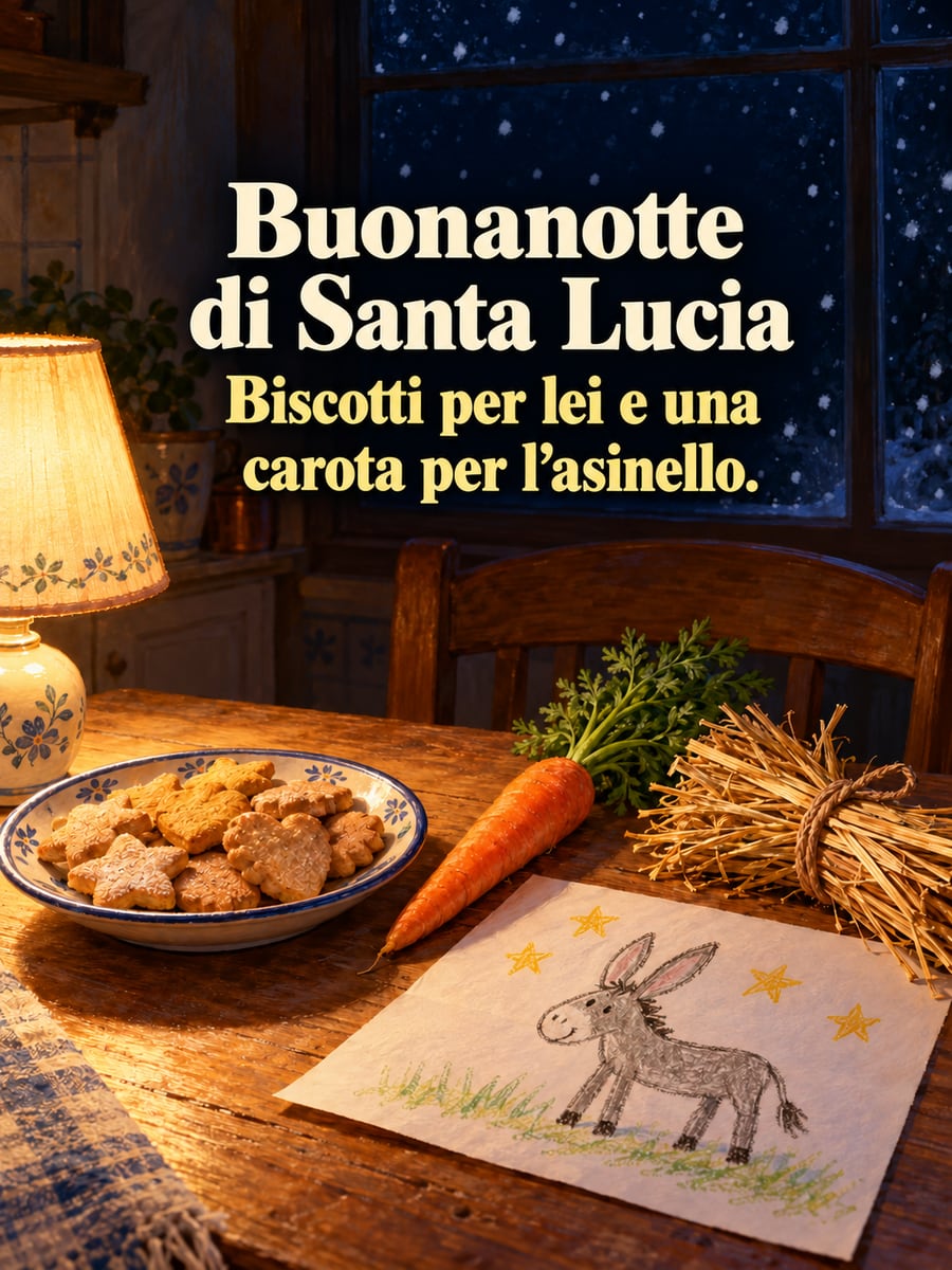 Immagine di Santa Lucia con la scritta «Buonanotte di Santa Lucia» e «Biscotti per lei e una carota per l’asinello.» – cucina di notte, piatto di biscotti, carota e paglia per l’asinello, disegno di un asinello