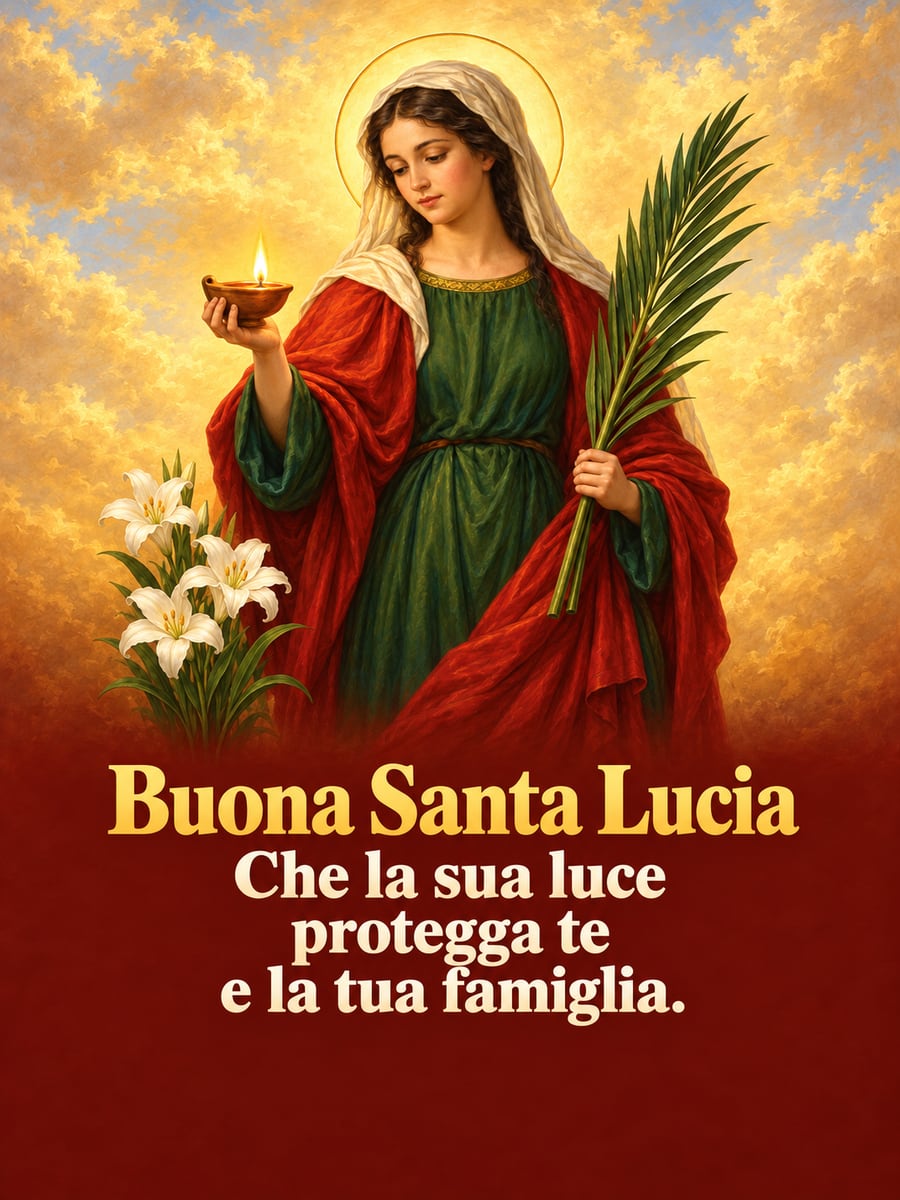 Immagine di Santa Lucia con la scritta «Buona Santa Lucia» e «Che la sua luce protegga te e la tua famiglia.» – dipinto della santa, lampada a olio accesa, palma, gigli bianchi