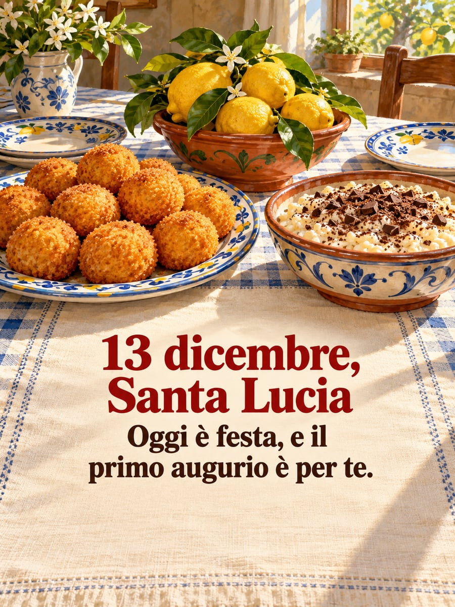 Immagine di Santa Lucia con la scritta «13 dicembre, Santa Lucia» e «Oggi è festa, e il primo augurio è per te.» – tavola della festa, arancine, ciotola di cuccìa, limoni