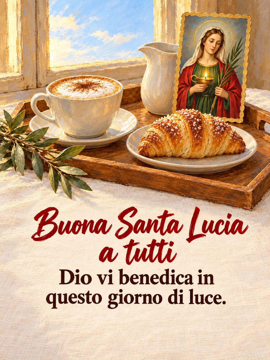 Immagine di Santa Lucia con la scritta «Buona Santa Lucia a tutti» e «Dio vi benedica in questo giorno di luce.» – santino della santa, cappuccino e cornetto, vassoio della colazione
