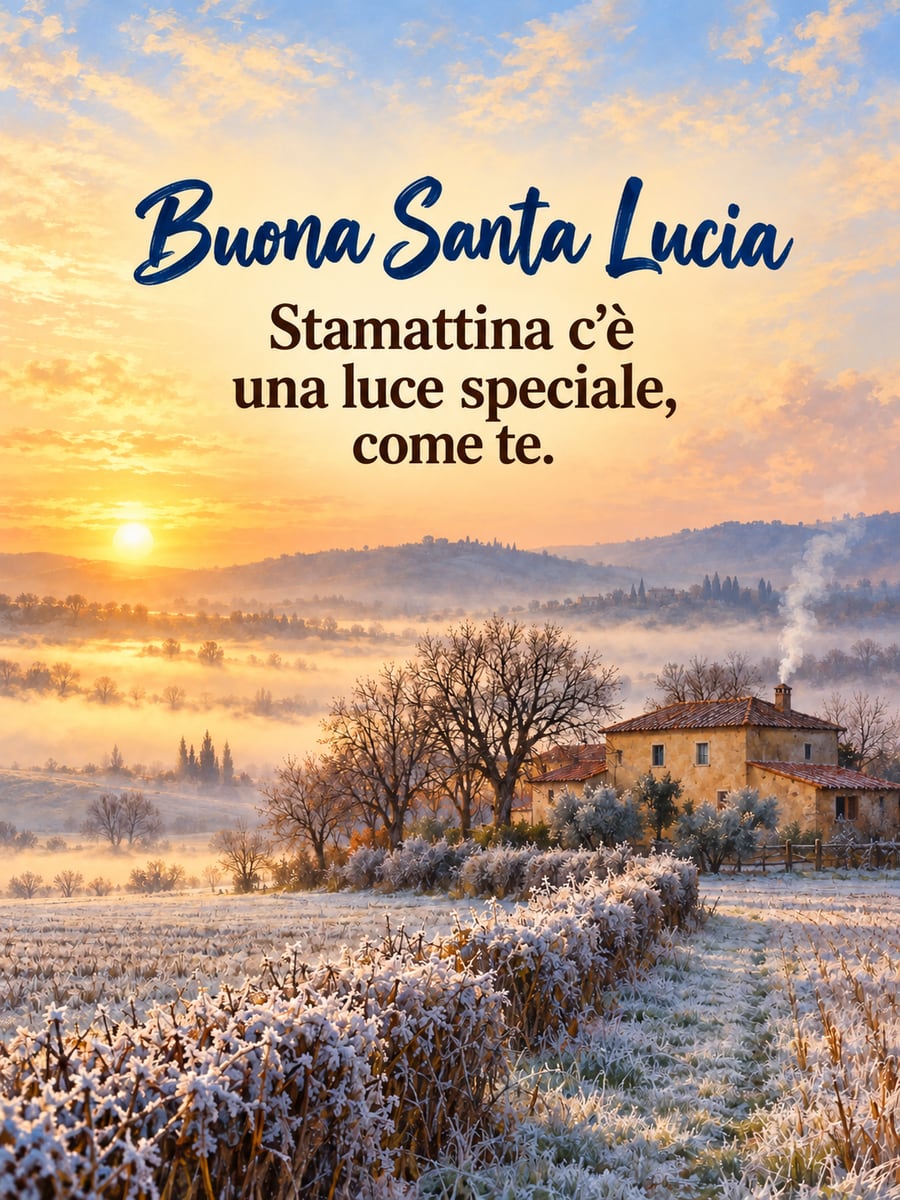 Immagine di Santa Lucia con la scritta «Buona Santa Lucia» e «Stamattina c’è una luce speciale, come te.» – campi brinati, casale con il camino che fuma, sole del mattino nella nebbia
