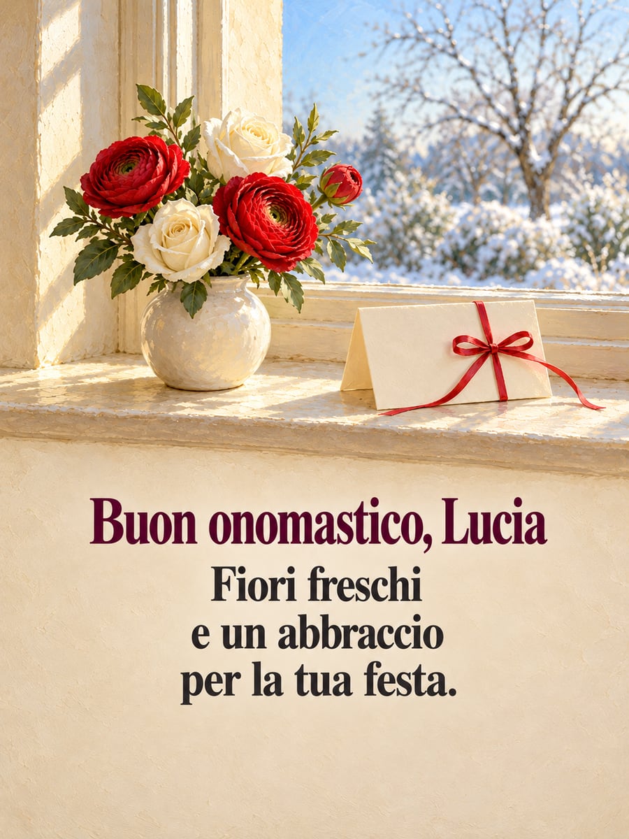 Immagine di Santa Lucia con la scritta «Buon onomastico, Lucia» e «Fiori freschi e un abbraccio per la tua festa.» – vaso di ranuncoli rossi e rose bianche, biglietto con il nastro rosso, davanzale d’inverno