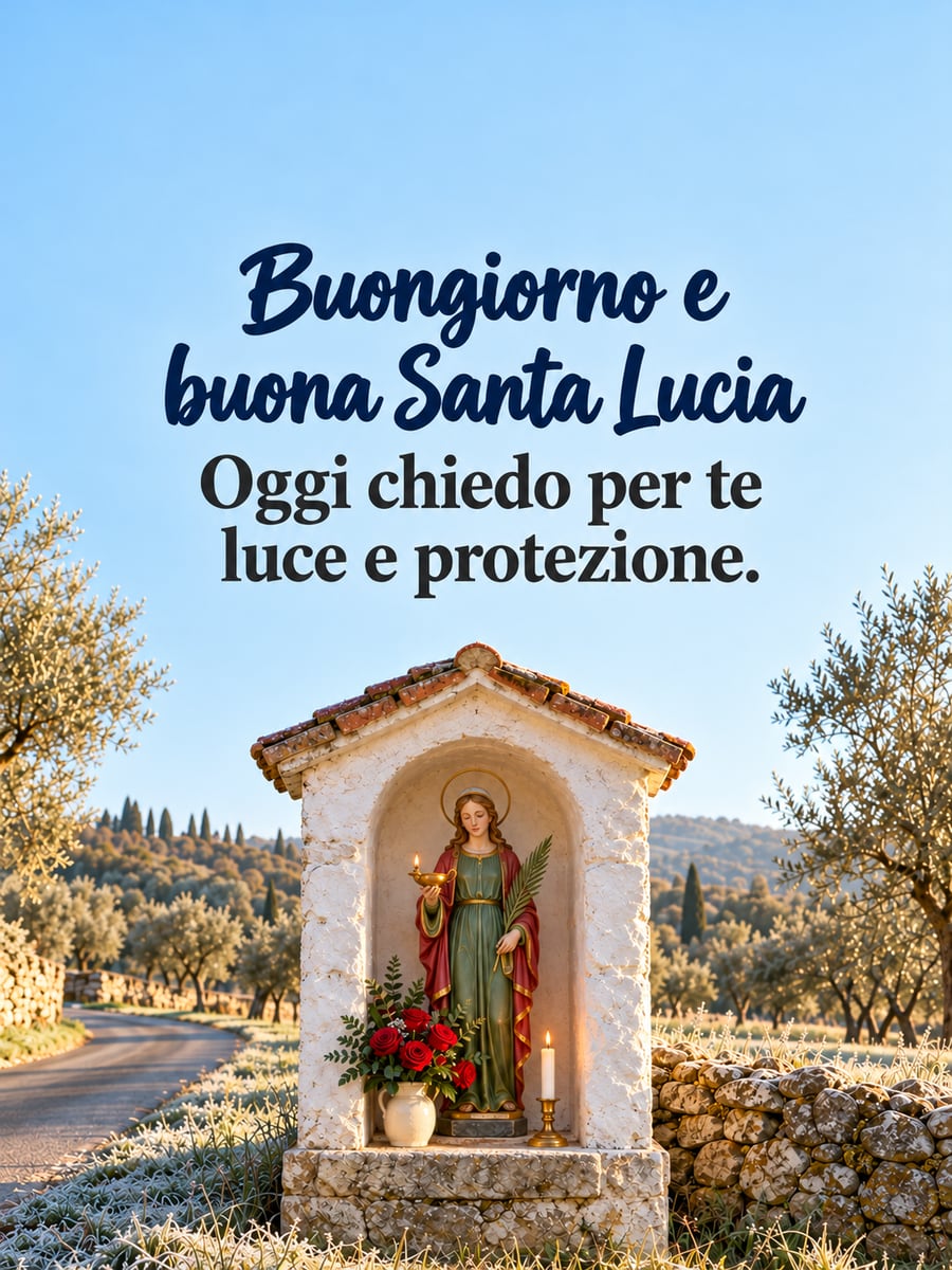 Immagine di Santa Lucia con la scritta «Buongiorno e buona Santa Lucia» e «Oggi chiedo per te luce e protezione.» – edicola con la statua della santa lungo la strada, candela accesa, rose rosse, ulivi e brina