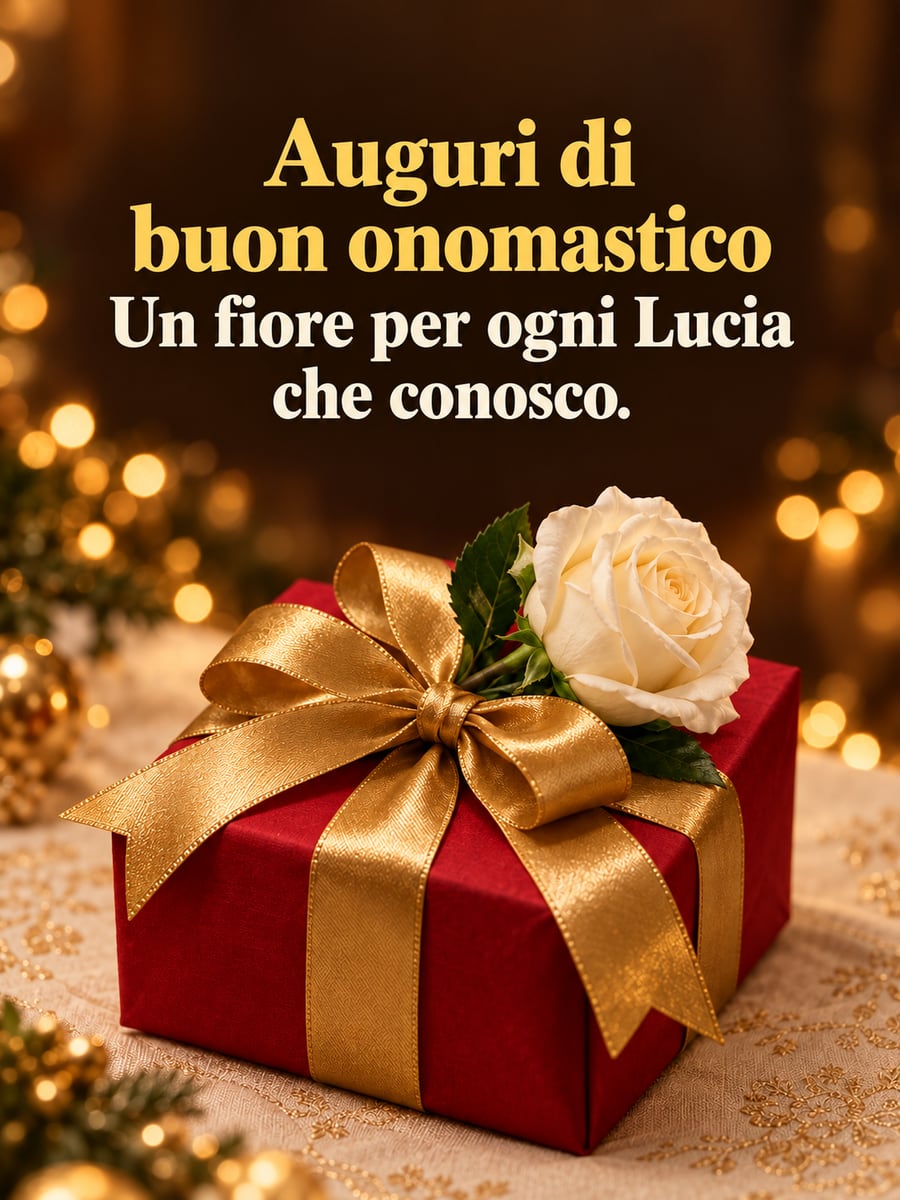 Immagine di Santa Lucia con la scritta «Auguri di buon onomastico» e «Un fiore per ogni Lucia che conosco.» – pacco regalo rosso con nastro d’oro, rosa bianca, luci dorate