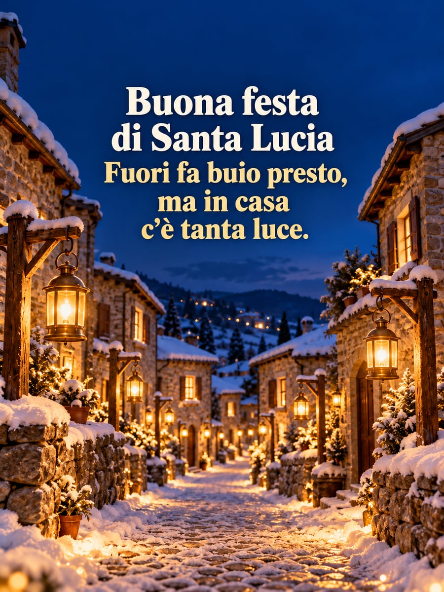 Immagine di Santa Lucia con la scritta «Buona festa di Santa Lucia» e «Fuori fa buio presto, ma in casa c’è tanta luce.» – vicolo innevato, lanterne accese, case con le finestre illuminate