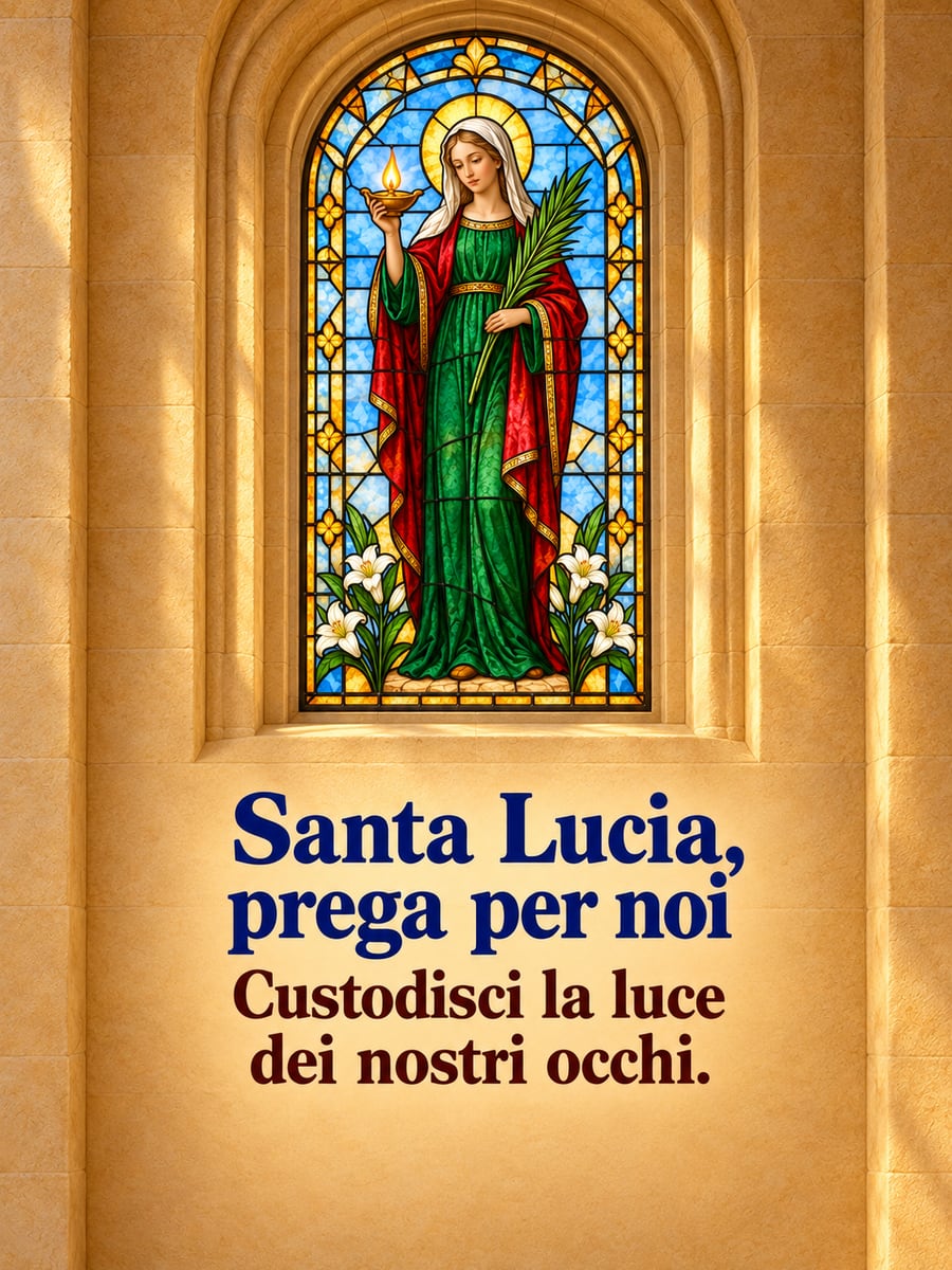 Immagine di Santa Lucia con la scritta «Santa Lucia, prega per noi» e «Custodisci la luce dei nostri occhi.» – vetrata della santa con la lampada e la palma, gigli bianchi, cappella di pietra