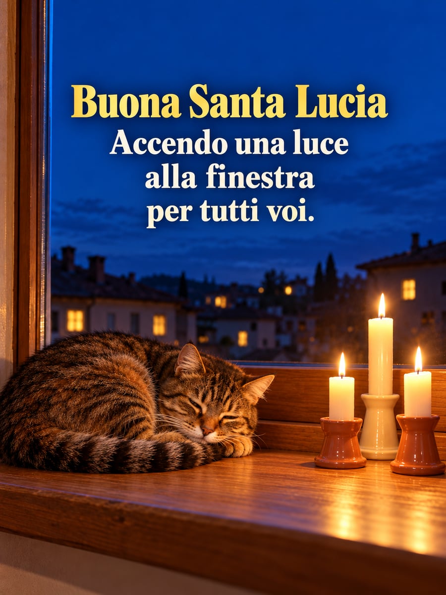 Immagine di Santa Lucia con la scritta «Buona Santa Lucia» e «Accendo una luce alla finestra per tutti voi.» – gatto tigrato che dorme sul davanzale, tre candele accese, tetti del paese la sera